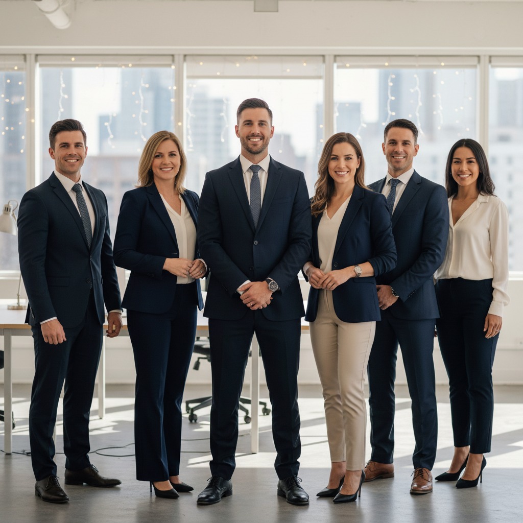 A diverse group of six professional men and women in business attire stand together in a bright office with large windows.